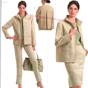 May include: A sewing pattern for a jacket and skirt set. The pattern is by Oscar de la Renta and is for sizes 12-14-16. The pattern is for a jacket with a collar and a skirt that hits above the knee. The pattern is on a white background with black text.