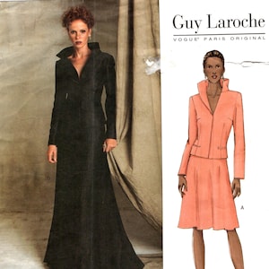 May include: Vogue Patterns sewing pattern featuring a long black dress and a peach-coloured suit. The pattern includes a Guy Laroche design. The pattern number is 2607, and the size is 12-14-16.