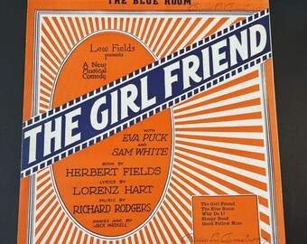 The Girlfriend, 1920s, Sheet Music, Antique, Hart / Rogers, A Musical Comedy, Score Printed Music, 9 x 12, Ephemera, Orange Decor