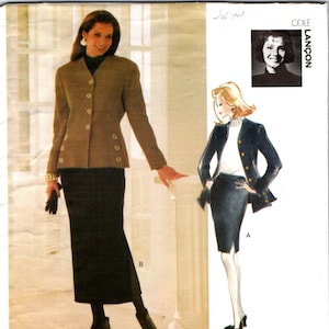 May include: A sewing pattern for a two-piece outfit. The pattern includes a long-sleeved jacket with a button-up front and a skirt with a slit on the side. The pattern is for sizes 8-10-12. The pattern is from Vogue Attitudes International.