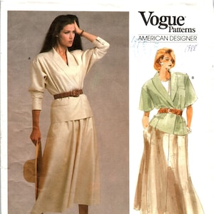 May include: Vogue Patterns American Designer 1872 sewing pattern for a two-piece outfit by Ralph Lauren. The pattern includes a long-sleeved jacket with a wide collar and a long skirt with a gathered waist.