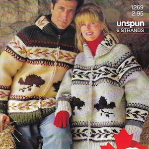 CANADIAN BULKY CARDIGAN | Sweater Jackets Knitting Patterns by White Buffalo, Small Medium Large Xlarge Unisex, Beaver, Fairisle, Totem Pole