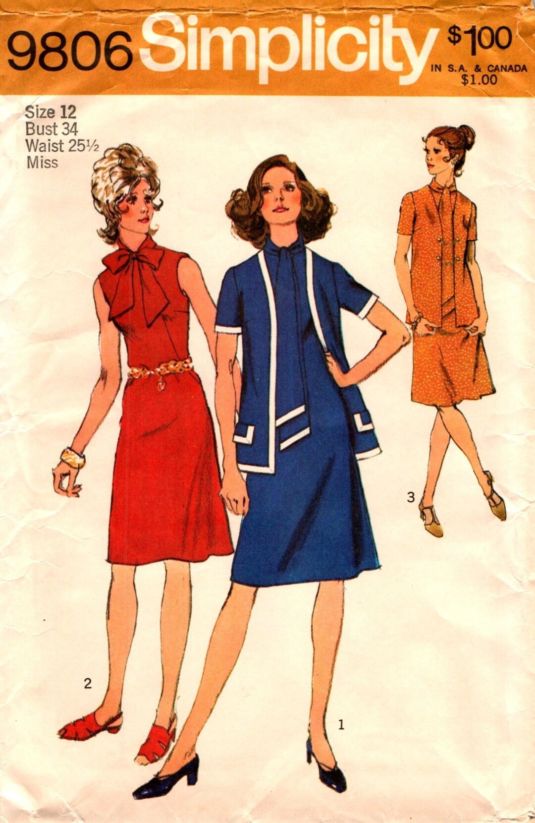 1970s Tie Collar Dress With Matching Cardigan Sewing Pattern for Misses ...