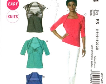 Ladies Faux Shrugs Pullover Tops, Shirts Sewing Pattern for Misses Women Sizes 14 16 18 20 22, Easy McCalls M6384, Curvy Fit, Full Figure
