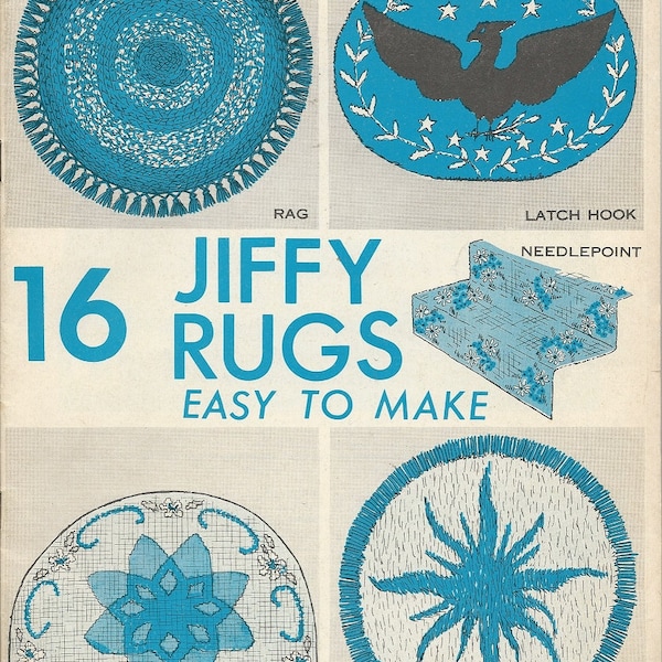 16 JIFFY RUGS Patterns, Easy to Make Rugs, Rag Rug, Rya, Latch Hook, Needlepoint, Cross-Stitch - Swan Set, Braided, Soldier, Americana, Rope