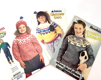 Knitting Patterns, Childrens Cardigans, Hats, Animal Graphs Unisex Fair Isle, Dinosaur, Sweater Jacket