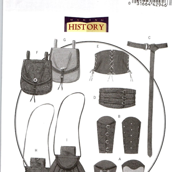 Historical Pouches, Corset, Wrist Bracers, Belt Costume Sewing Patterns for Woman Misses Men, Making History Butterick B5371, Flapped Bags