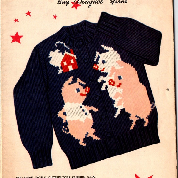 Vintage Three Little Pigs Knitting Pattern, Knit Charted Graph, Sizes 2 4 6 8 Button Front Cardigan, Pullover Sweater Jacket, Toddler Unisex