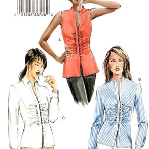 May include: A sewing pattern for a blouse with a ruffled front and a V-neck. The pattern includes three different styles: a sleeveless top, a long-sleeved shirt, and a striped long-sleeved shirt. The pattern is for sizes 12, 14, and 16. Vogue Patterns 7751.