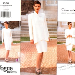 May include: A vintage sewing pattern for a white skirt suit. The pattern is for sizes 12-14-16 and is by Oscar de la Renta. The pattern is for Vogue Patterns.