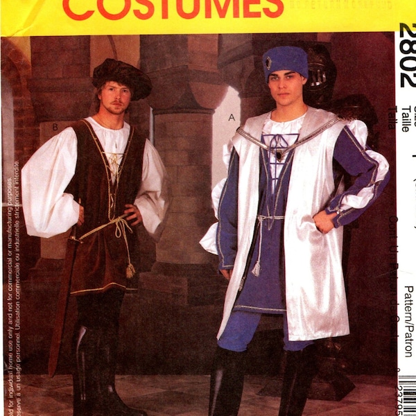 Adult Mens Renaissance Tudor COSTUME Sewing Pattern, Size 34 36 38 40 McCall's 2802,  Surcoat, Front Laced Tunic, Hats, Shirt, Leggings