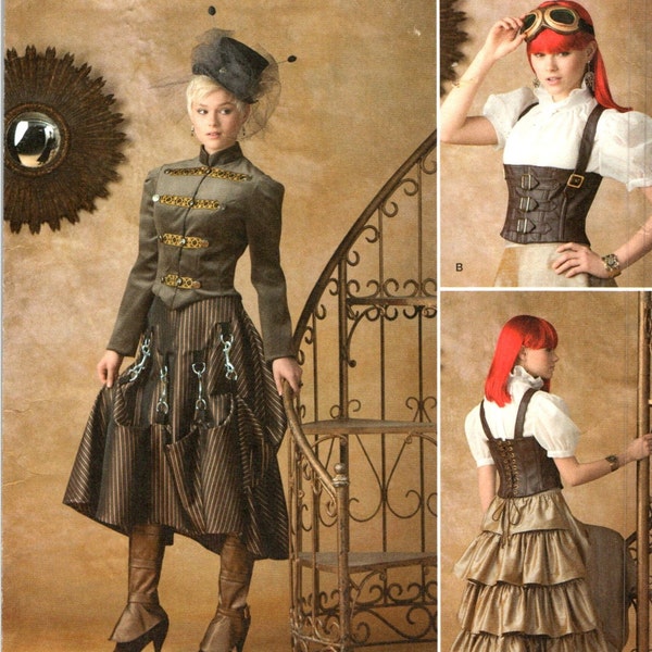Steampunk Futuristic Cosplay Costume Sewing Pattern, for Misses Size 14 16 18 20 22  laced corset vest jacket bustle skirt shirt boots spats