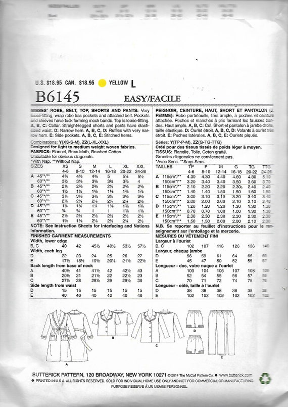 B6145 Butterick Sewing Pattern Misses/' Pajamas Sleepwear Robe Top Shorts Pants