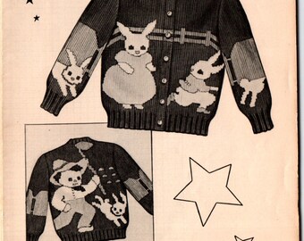 VINTAGE 1951 Peter Rabbit Knitting Pattern Knit Graph, Sizes 4 6 8 10, Cardigan, Pullover, Slipover for Boys Girls Toddlers - number 945