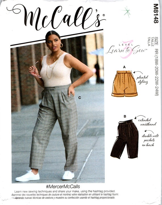 Pants Shorts Capri Sewing Pattern for Women Misses Full Figure Plus Size 18w  to 24w, Mercer Mccalls Learn to Sew Level M8148 