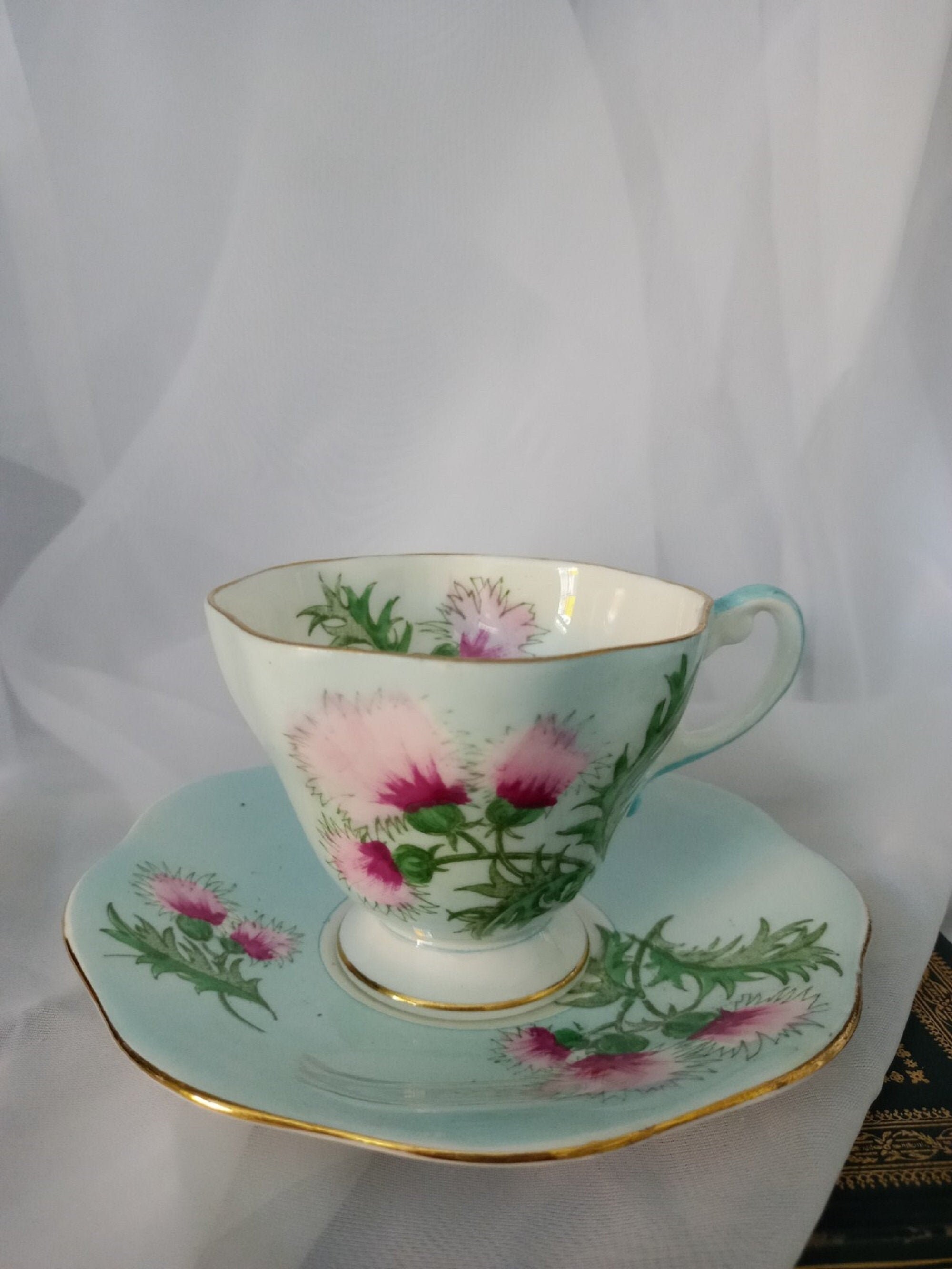 Kitchen & Dining Tea Cup and Saucer Set with Thistles Glengarry Thistle Pattern Made by Foley