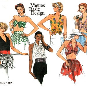May include: A sewing pattern for five different halter tops. The pattern is called Vogue's Basic Design and the pattern number is 1567. The tops are shown on five different models. The tops are all different colors and patterns.