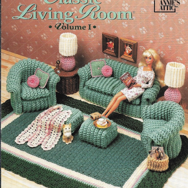 Fashion Doll Barbie Dollhouse Furniture Crochet Patterns for  Living Room & Home Decor, Sofa, Lamp, Chair, Table, Blanket, Pillow, Hassock