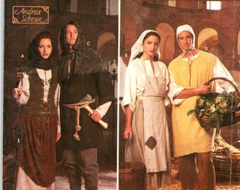 Renaissance Medieval Costume Sewing Pattern, Misses Men Teen Size 30 32 34 36 38 40 42 44 46 48 Bar Wench, Shoes, Tunic, Cape, Hat, Leg Wrap