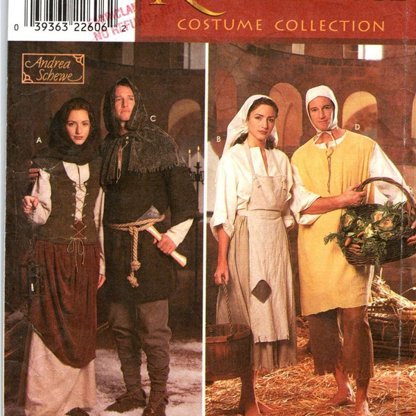 Renaissance Medieval Costume Sewing Pattern, Misses Men Teen Size 30 32 34 36 38 40 42 44 46 48 Bar Wench, Shoes, Tunic, Cape, Hat, Leg Wrap