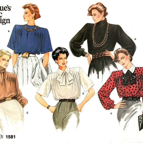 BOW TIE, Button Back BLOUSE Shirts Sewing Pattern, Misses Women Size 8 Vogue Basic Design 1581, Loose Fitting, Classic Vintage 1985