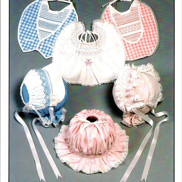 BABIES SMOCKING PATTERN, Bonnets & Bibs, One Size Simple to Smock, Infant Ruffled and Tuxedo Bibs, Brimmed and Ruffled Bonnet, Sunbonnet