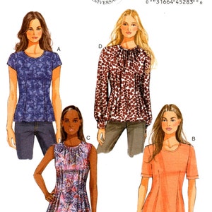 May include: Butterick B5988 sewing pattern showing four women's tops. The designs include short and long sleeves, with different necklines and patterns. The pattern commemorates Butterick's 150th anniversary.