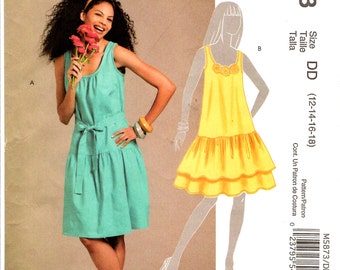 Pullover Dress with Sash, Neckline Gathers Sewing Pattern for Misses Women Sizes 12 14 16 18, McCall's M5873, Ruffles, Above Knee Dress