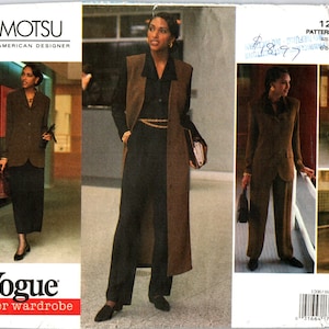 May include: A sewing pattern for a brown suit with a long jacket and pants. The pattern is from Vogue American Designer, Tamotsu, and is number 1200. The pattern is for sizes 6-10.