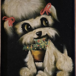 1960s BLACK VELVET PAINTING Puppy Art,  Framed Velvet Dog, Mid Century, Wooden Original Frame Size 23" x 14" Little Dog with Pot of Flowers