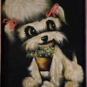 1960s BLACK VELVET PAINTING Puppy Art, Framed Velvet Dog