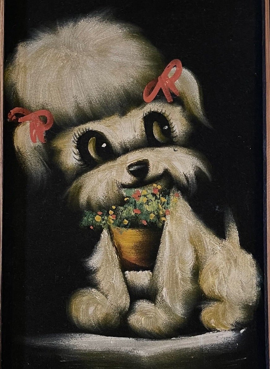 絵画 Velvet 1960s BLACK VELVET PAINTING Puppy Art, Framed Velvet Dog, Mid