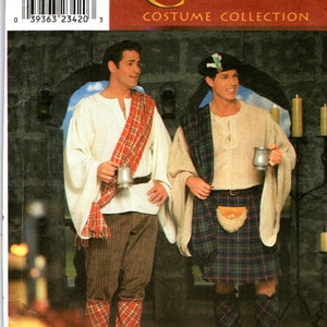 May include: Simplicity pattern 8913 for Celtic costumes. The pattern includes two designs: a white shirt with a red and black plaid sash and a tan shirt with a kilt. The pattern is for sizes L and XL.