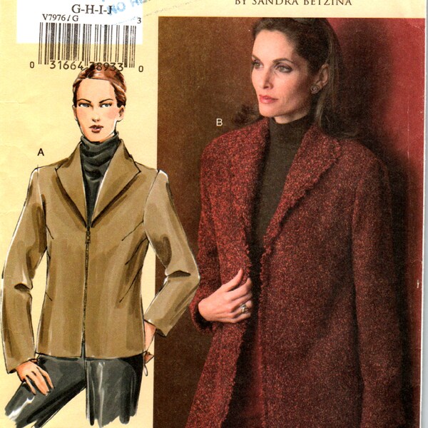 SANDRA BETZINA VOGUE V7976  Jacket Coat Sewing Pattern for Misses Women Plus Size G H I J Semi-Fitted, Hip, Below Hip, Long Sleeve, Zipper