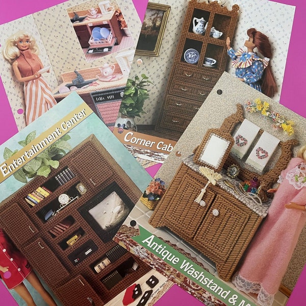 Assortment of Fashion Doll | Barbie Size Dollhouse Furniture Plastic Canvas Patterns, Cabinet, Kitchen, Washstand, Entertainment Centre
