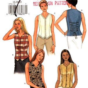 May include: A sewing pattern for four sleeveless vests. The pattern includes a plaid vest, a floral vest, a solid white vest with lace trim, and a blue vest with a lace-up back. The pattern is for sizes 18, 20, and 22. The pattern is from Butterick and has the number 3770.