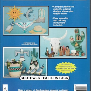 May include: A book cover for a woodcraft pattern pack titled "Southwest Pattern Pack". The cover features a variety of southwestern-themed woodcraft projects, including a cactus, a skull, a bird, and a boot. The book is part of the Winfield Collection and includes 66 full-size patterns.