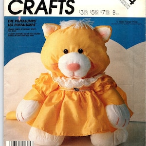 CAT PUFFALUMP Toy Craft Sewing Pattern, Mccall's 3016 854 Stuffed Animal Kitty with Dress from the 1980s, Soft and Cuddly