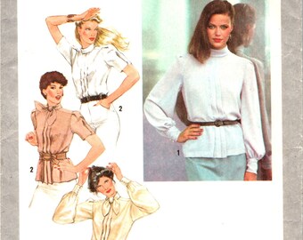 1970s BACK BUTTON BLOUSE Shirt, Top and Tie Sewing Pattern, Misses Women Size 14, Simplicity 9317, Front Pleats, Long Sleeves, Cuffs, 1979