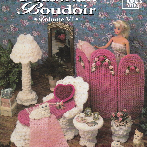 Barbie Dollhouse Furniture Crochet Patterns for VICTORIAN BOUDOIR, Chaise Lounge, Heart Pillow, Table, Dressing Screen, Lamp, Plant Urn, Rug