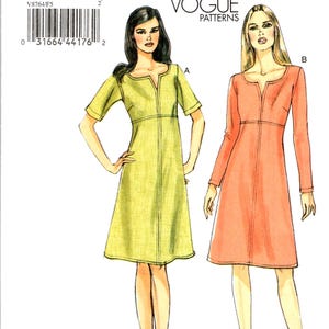 May include: A sewing pattern for a dress with a V-neckline and short or long sleeves. The pattern is for sizes 16-18-20-22-24 and is from Vogue Patterns. The pattern is called "Very Easy Vogue Patterns" and is labeled "CustomFit for A,B,C,D cup sizes".