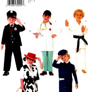 May include: Butterick P455 sewing pattern for children's costumes. The pattern includes instructions for a police officer, doctor, karate student, cowgirl, and mail carrier. Sizes 6-7-8.