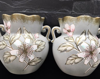 Mid Century Lefton WALL POCKETS, Marked Hand Painted ESD Japan, Stunning Stone Gray, Floral Designs in Pink, Blue, White with Gold Accents