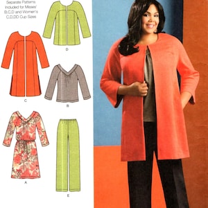 May include: Simplicity sewing pattern 1938 BB from the Khaliah Ali Collection. The pattern includes options for a long coat, top, dress, and pants. The size range is U.S. 20W-28W.