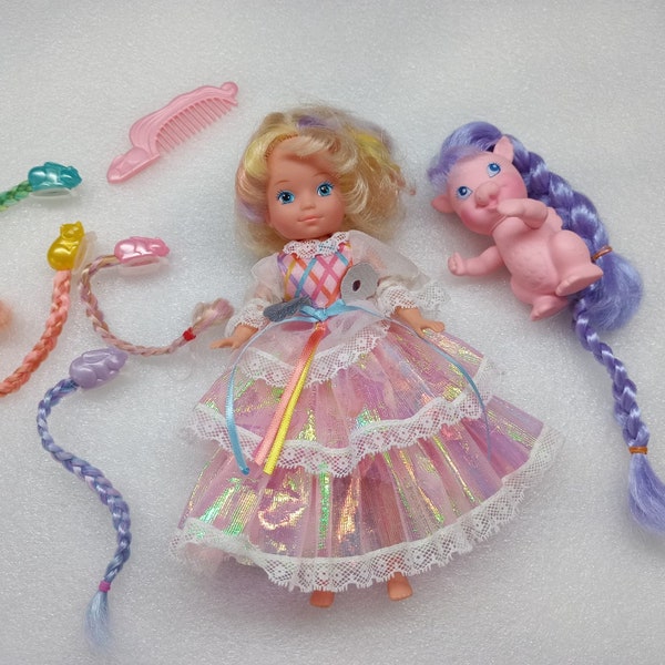 LADY LOVELY LOCKS Lot, Original Lady Lovely Locks Doll, 4 Pixietails Doll Hair Clips, Comb, Pink Merry Curl Pet Dragon, 7 items, 1986 Mattel