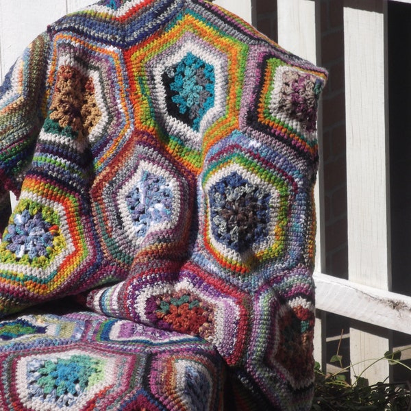 large blanket throw, crochet afghan, beautiful hexagon multi color, fancy stitched edges ready to ship from Quail Creek Creations