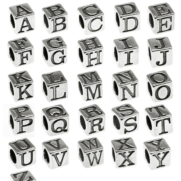 Choose your Letters and Quantity Sterling Silver Letter Cubes, 7mm Bead 5mm hole, letters, Greek Letters,  numbers,  symbols, blocks