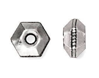 May include: Two silver hexagonal bead spacers with a small hole in the center. The bead on the left is smooth, while the bead on the right has a row of small beads around the edge.