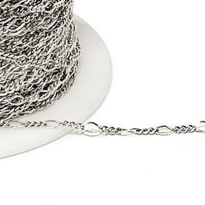 May include: A spool of silver-coloured chain, with a close-up of a section of the chain.