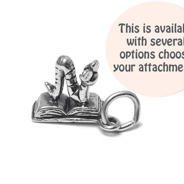 Bookworm Sterling Silver Charm 14.5mm, silver Book Charms, Sterling Silver Charms, Words charms, Book Lover Charms, Book Worm charms - SP386